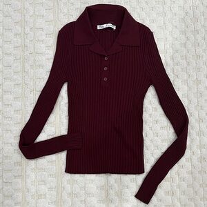 Zara Ribbed Polo Sweater - Burgundy